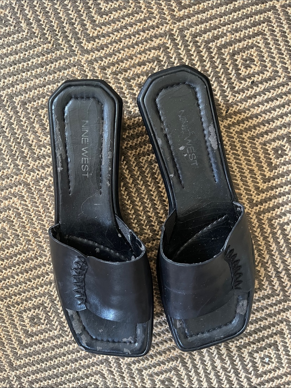 Nine West Women's Leather Y2K Black Wedged Platform Slides